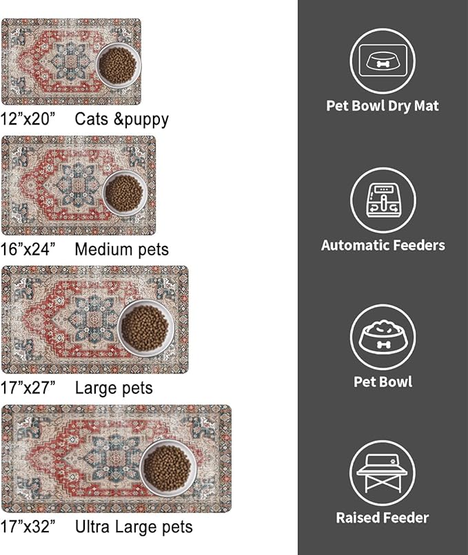 Dog Food Mats for Floors, Absorbent and Quick-Drying Pet Cat Food Mat,Anti-Fouling and Easy-to-Clean Pet Feeding Mat,Dog Bowl Mat for Messy Drinking Water Bowls.17 x32, Bohemia Style