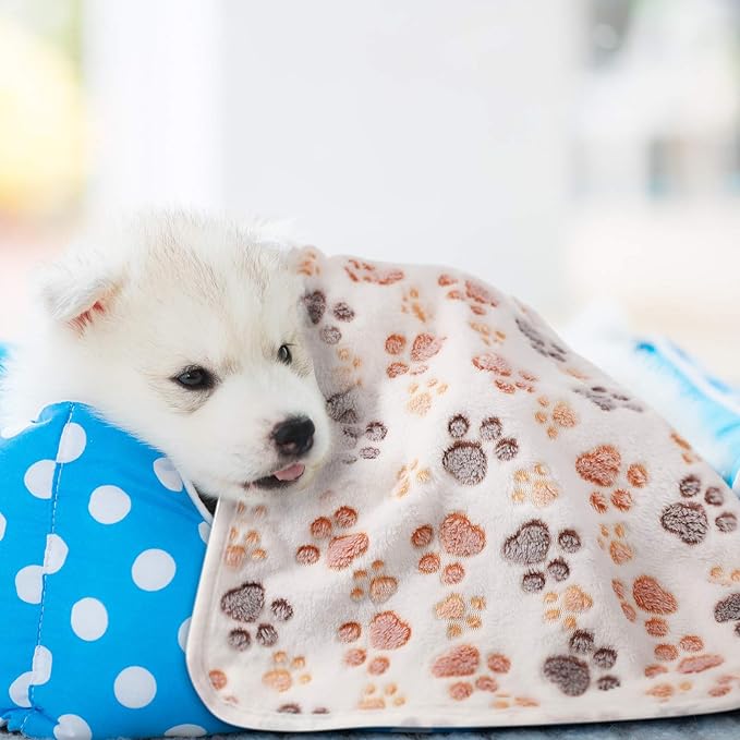 Tatuo 4 Pcs Dog Blanket for Pet Cat Blankets Indoor Puppy Teething Stuff Toys Paw Print Fleece Soft Blanket Sleep Mat for Guinea Pig Cage(White, Coffee, Pink, Purple,X-Large(41 x 30 Inch),Square)