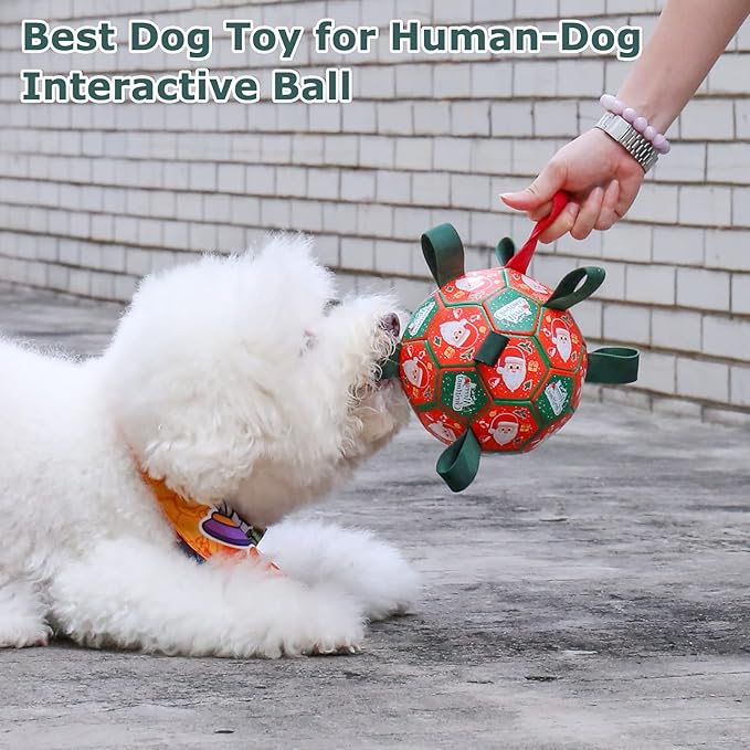 QDAN Christmas Dog Balls with Straps, Soccer Ball for Dogs for Small Medium Pet, Interactive Rope Toys, Puppy Birthday Gifts (6 Inch)