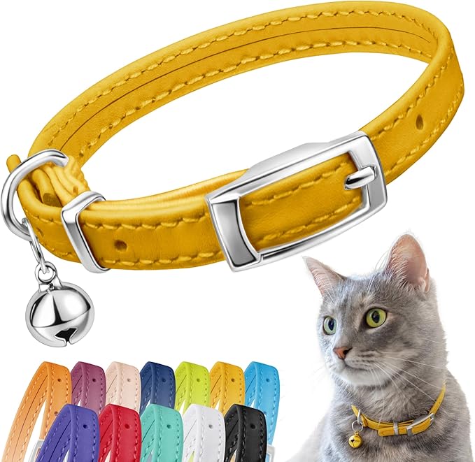 CollarDirect Leather Cat Collar with Removable Bell – Safety Kitten Collar with Elastic Strap (Yellow, 15 - 18 cm)