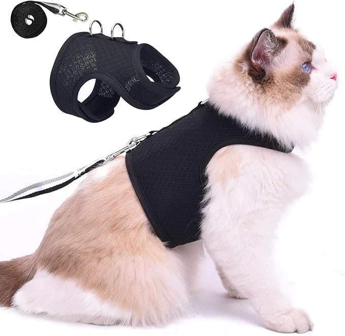 Cat Harness and Leash for Walking Escape Proof Breathable Mesh Fabric, Solid Black, Extra Large, Adjustable Cat Walking Jackets, Padded Stylish Cat Vest