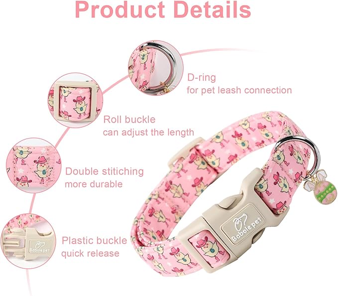 Easter Dog Collar for Medium Dogs - Cowgirl Chick Easter Collars for Dogs, Pink Girl Dog Collar, Adjustable Spring Holiday Pet Collars with Quick Release Buckle M