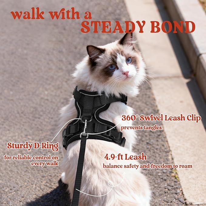 rabbitgoo Cat Harness and Leash for Walking, Escape Proof Soft Adjustable Vest Harnesses for Cats, Easy Control Breathable Reflective Strips Jacket, Black, S