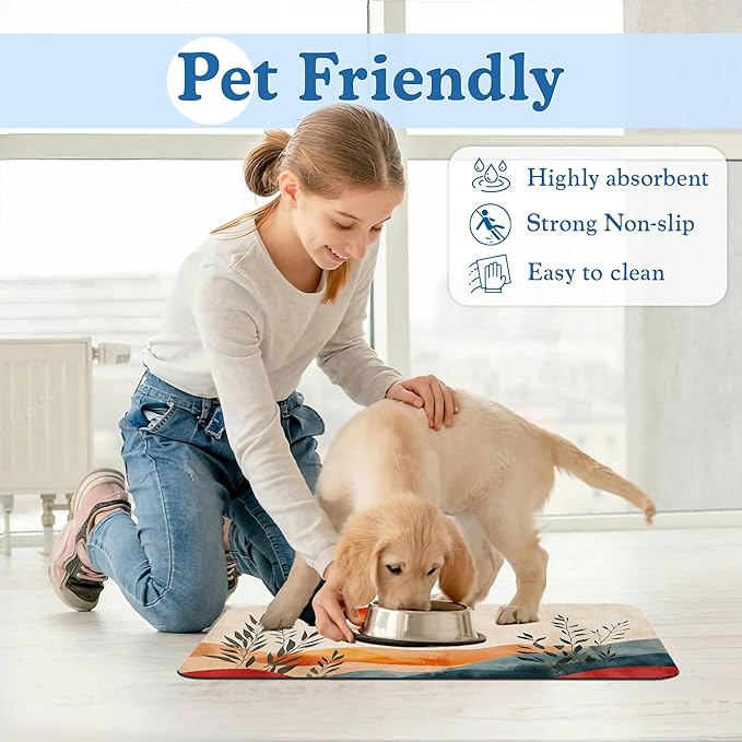 Boho Mountain Sun Pet Food Mat for Cats and Dogs–Christmas Stocking Absorbent Quick Dry Feeding Placemat, Non Slip Rubber Base, Waterproof Bowl Mat for Indoor Use, Pet Supplies 12"x20"