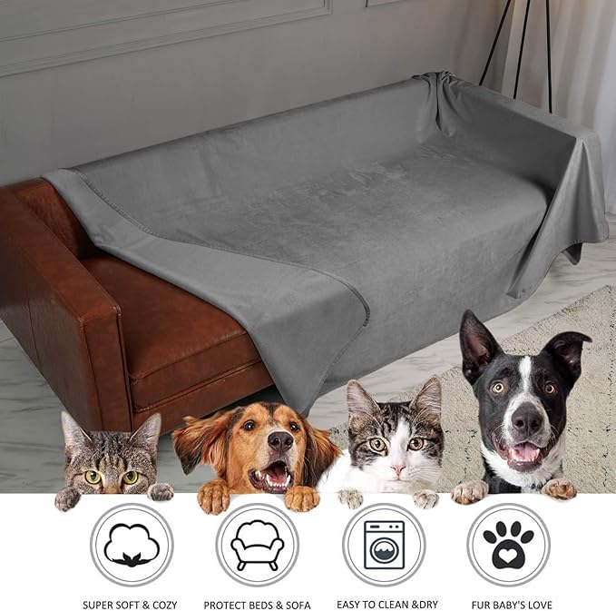 Ameritex Pet Bed Blanket Reversible 100% Waterproof Velvet Super Soft for Sofa and Bed (82x102 Inches, Light Grey+Grey)