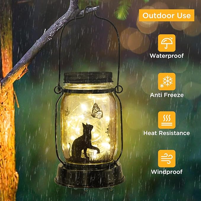 kyoryuger Cat Lover Gifts for Mom/Grandma/Women/Sister Cat Butterfly Solar Light Gifts Solar Lanterns Outdoor Waterproof Fairy Lights Led Mason Jar Hanging Cat Lamps Decor for Garden Yard Patio