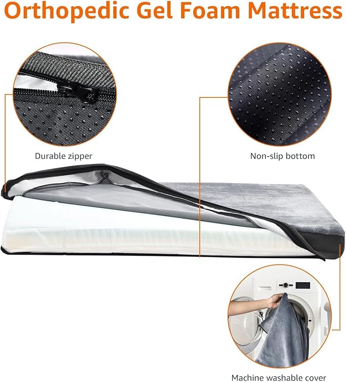 Amazon Basics Washable Dog Bed with Cooling Gel Memory Foam, Pressure-Relief Support for Dogs up to 120lbs, Non-Slip Bottom, Removable Cover, Giant Sized (50" x 34"), Grey