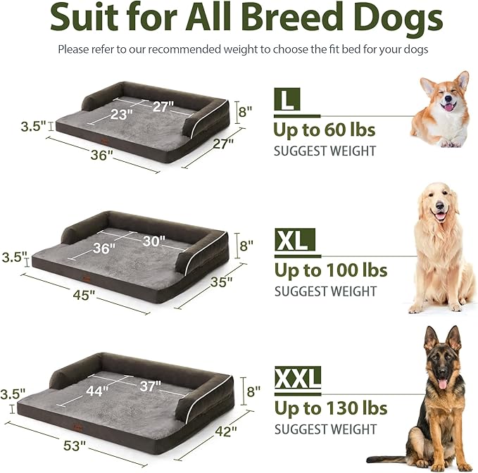 Orthopedic Dog Beds for Extra Large Dogs, Waterproof Egg Crate Foam XL Dog Bed with Sides 45x35Inch, Big Dogs Couch Beds with Removable Washable Cover and Nonskid Bottom, Dark Green
