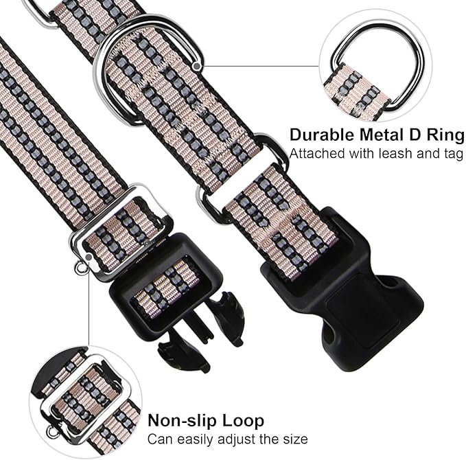 Martingale Dog Collar, Adjustable Nylon Reflective Collar with Quick Release Buckle (Pink Ivory, Large)