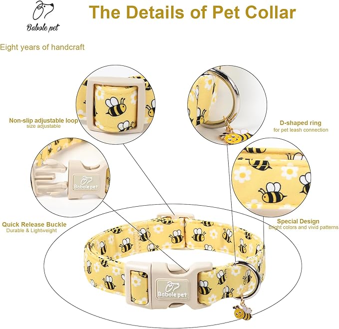 Bee & Daisy Dog Collar for Small Dogs - Spring/Summer Cartoon Yellow Dog Collars, Lightweight Adjustable Male Female Dogs Collars with Quick Release Buckle S