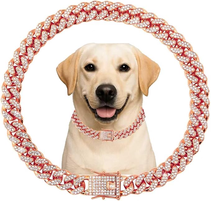 Cuban Link Dog Chain Collar Rose Gold Crystal Dog Necklace Metal with Design Secure Buckle Pet Collar Jewelry Accessories for Small Medium Large Dogs Cats(Rose Glod 20inch)