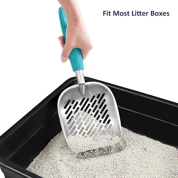 WePet Cat Litter Scoop, Aluminum Alloy Sifter, Kitty Metal Scooper, Deep Shovel with Diagonal Sifting Hole, Long Handle, Kitten Poop Lifter for Litter Box, Medium Size, Green Handle
