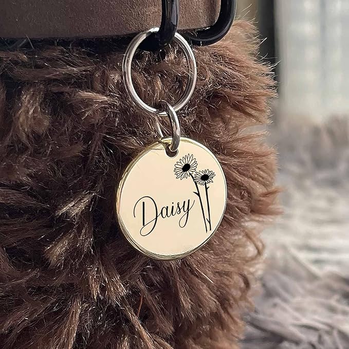 Cats Dogs ID Tags Personalized Engraving Birth Flowers Pattern for Custom Pets Collar Accessories Shiny Brass Copper Small Round Name Plate