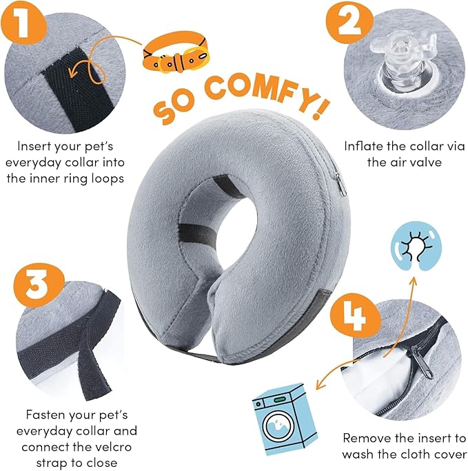 BENCMATE Inflatable Dog Cone Collar Alternative, Soft Dog Cone for Small Medium Large Dogs and Cats, Neck Recovery ECollar Donut Collar After Surgery (Large+, Grey)