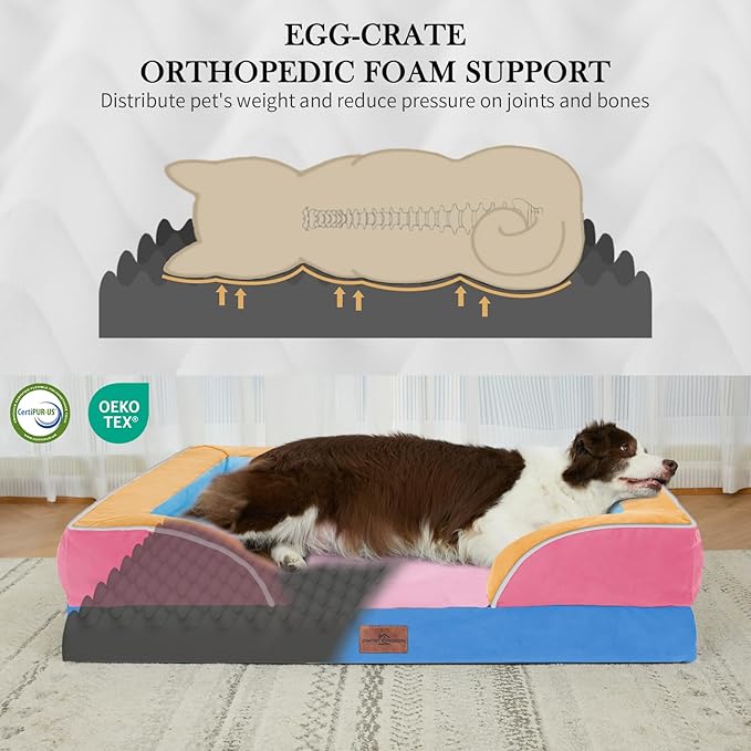 Comfort Expression Orthopedic Dog Bed for Extra Large Dogs 45x35 Inch, Waterproof Egg Crate Foam XL Pet Bed with Removable Bolsters, Dog Couch with Washable Cover & Non-Slip Bottom, Bubblegum Cove