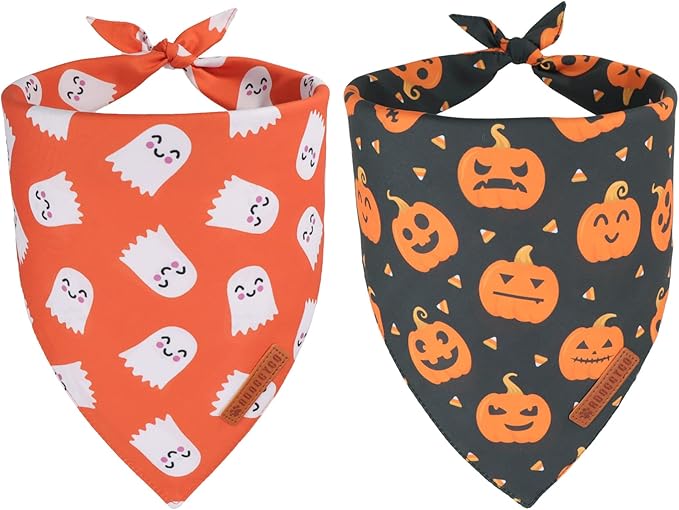ADOGGYGO Halloween Dog Bandanas 2 Pack, Reversible Pumpkin Ghost Scarf, Premium Fabric, Adjustable Fit Orange Black Halloween Bandanas for Medium Large Dogs (Large)