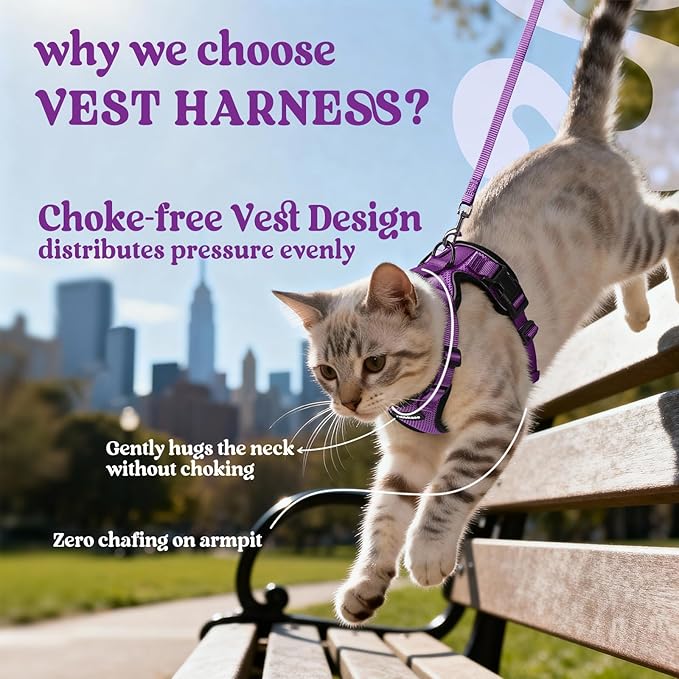 rabbitgoo Cat Harness and Leash for Walking, Escape Proof Soft Adjustable Vest Harnesses for Cats, Easy Control Breathable Reflective Strips Jacket, Purple, S