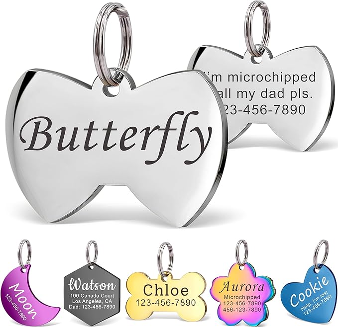 Anavia Personalized Pet ID Tags, Stainless Steel Glossy Laser Engraved Dog Cat Collar Name Tags, Multiple Colors Shapes Sizes (Bow Tie, Small)