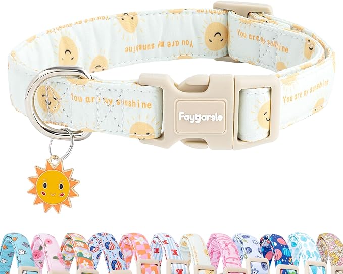 Faygarsle Sunshine Pattern Dog Collar, Adjustable Cotton Fabric, Cute Design for Small Medium Large Dogs L