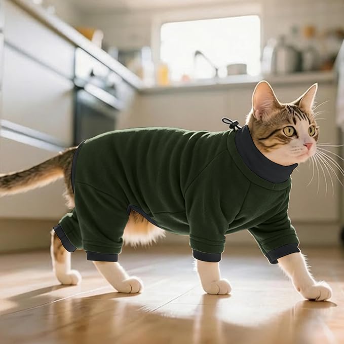 PUMYPOREITY Sticky Cat Clothes - Soft Cat Sweaters & Pajamas for Recovery & Hair Loss Prevention, Green, XS