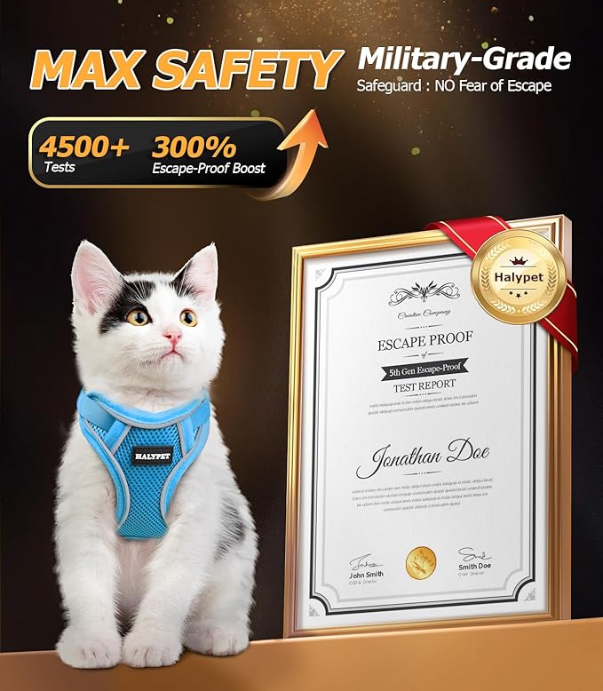 Halypet Cat Harness and Leash Set [MAX Safety 4th-Gen Upgrade] Escape Proof Adjustable Cat Leash Comfortable Soft Vest Easy to Wear Kitten Harness with Reflective Strip for Cats Walking, S SkyBlue