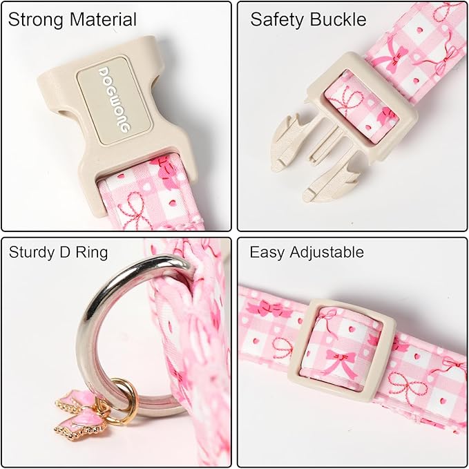 DOGWONG Pink Plaid Dog Collar-Cute Pink Bowtie Print Dog Collar, Adjustable Cotton Girl Female Pet Collar Pink Puppy Collars with Quick Release Buckle,XS