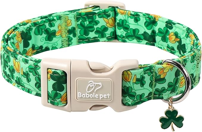 St. Patrick's Day Dog Collar for Small Dogs - Green Shamrock & Yellow Flower Print Dog Collars, Cute Irish Party Puppy Collar, Lightweight Adjustable St. Patricks Day Pet Collars XS