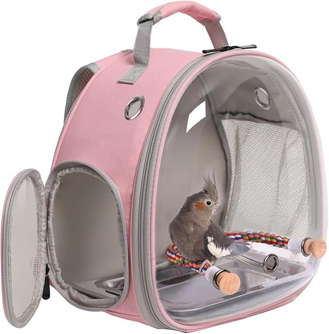 Small Bird Travel Backpack Carrier Cage, Backpack to Transport Backpack Carrier with Metal Tray Stand Perch for Parakeet Cockatiel Budgies Vet Carry Book Bag Green