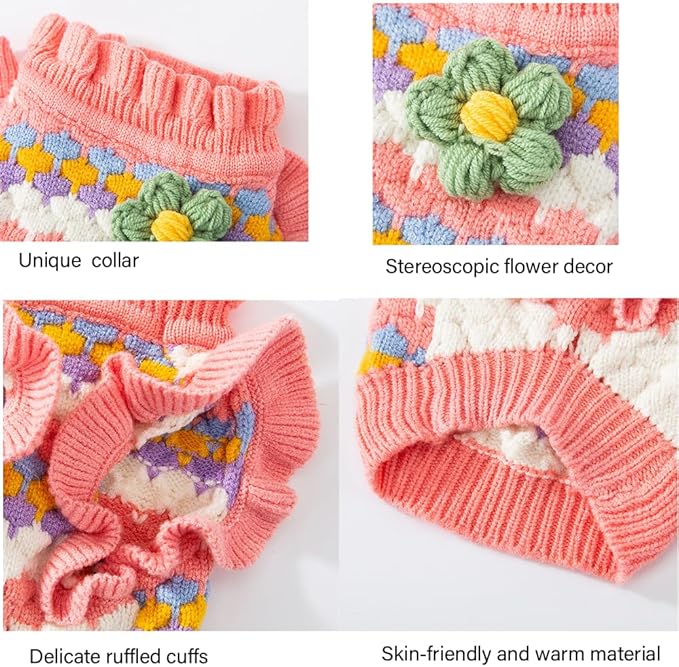 Small Dog Sweater, Knitted Tulip Cat Sweater, Warm Thick Holiday Puppy Clothes for Small Dog Girl,Cold Weather Outfit for Kitten Chihuahua Yorkie Teacup Dachshund Pug (Pink, Large)