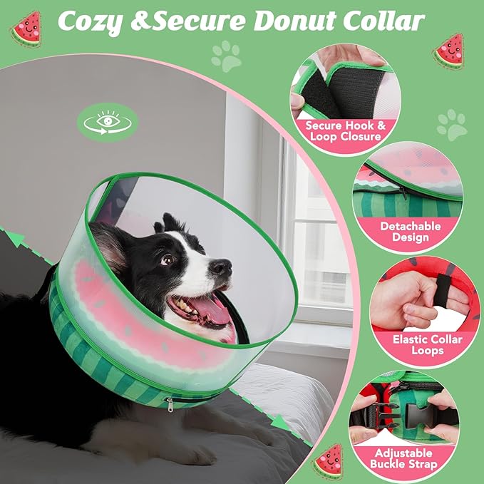 Inflatable Dog Cone with Anti-Licking Clear Shield, Protective Dog Donut Collar After Surgery, Adjustable Soft Recovery Cone for Pets, Alternative Collar with Buckle Strap (Watermelon, L)