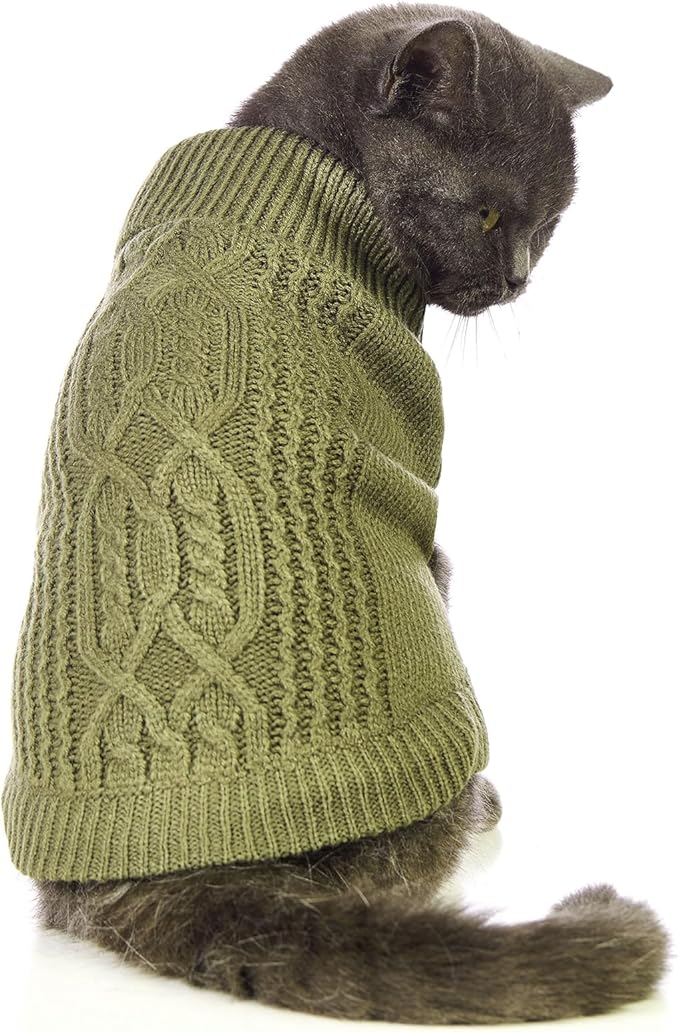 Stretchy Cat Sweater - 17 Colors & 6 Sizes | Snug Winter-Ready Knit for Boy/Girl Cats & Kittens(Olive Green, Large)