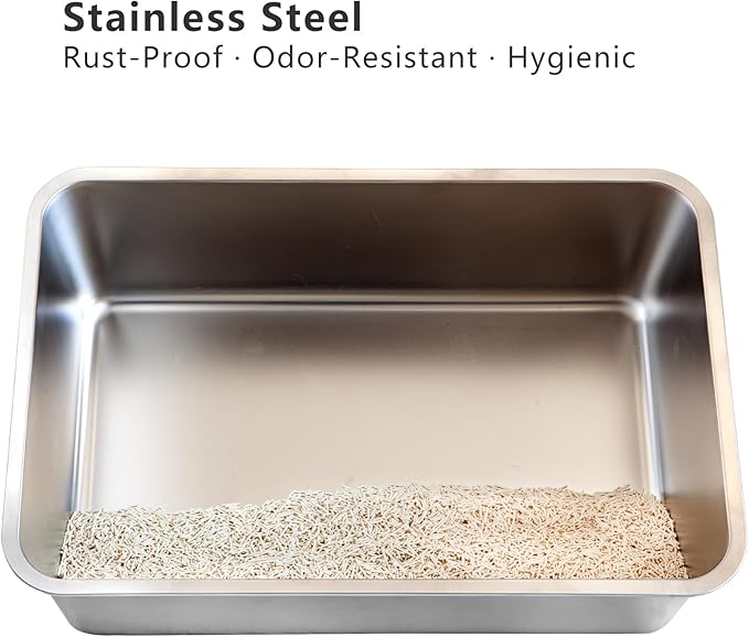 Stainless Steel Cat Litter Box Set, Includes Catnip Fish Toy & Wand Feather Toy Refill, Easy to Clean, Pet Toilet Supplies for Kitten, Kitty, Rabbit, Metal Litter Pan for Kittens and Adult Cats