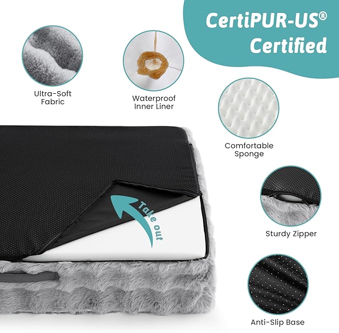 Orthopedic Dog Bed for Large Medium Size Dog, Soft and Warm Faux Fur Sofa for Pet Up to 75 lbs, Foam Bolster Anti-Slip Couch with Washable Removable Cover, L 36x27x6.5 inch, Grey