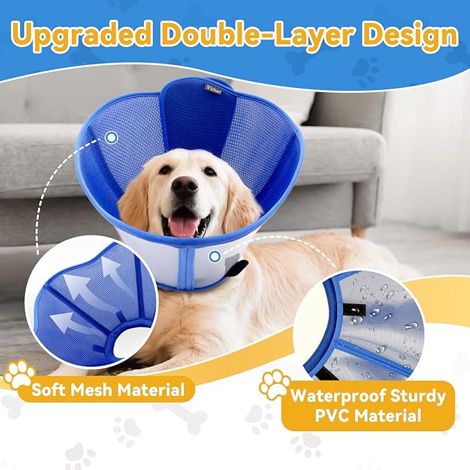 Upgraded Dog Cone Collar for Large Medium Dogs, Soft Dog Cone with Double-Layer Design, Adjustable Pet Recovery Collar for Dogs After Surgery, Elizabethan Collar (M, Blue)