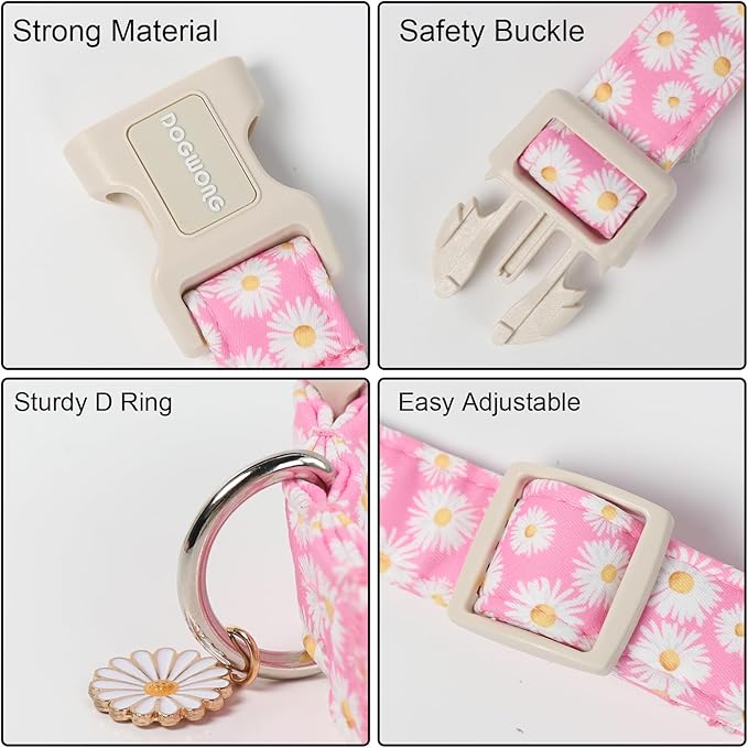 DOGWONG Flower Dog Collar-Daisy Flower Print Girl Dog Collar for Large Cute Dog Collars Spring Female Pet Gift Adjustable Heavy-Duty Soft Collar，M