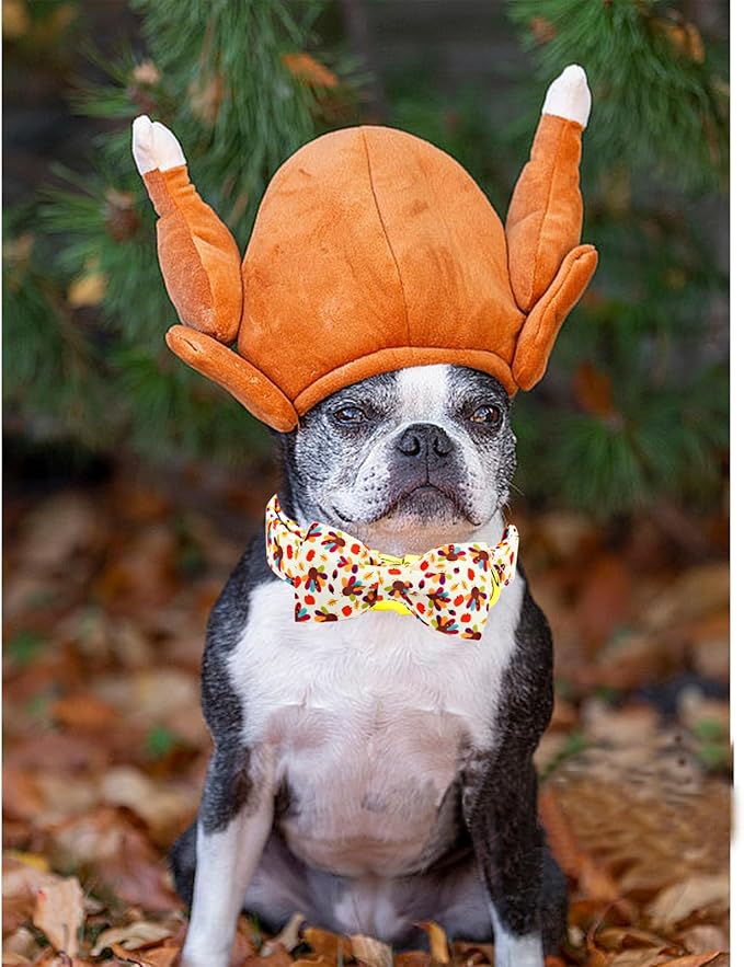 Thanksgiving Dog Collar, Turkey Dogs Collars Bow Tie Pet Collar Adjustable Pet Collars Premium Metal Buckle Autumn Leaf Necklace for Samll Dogs