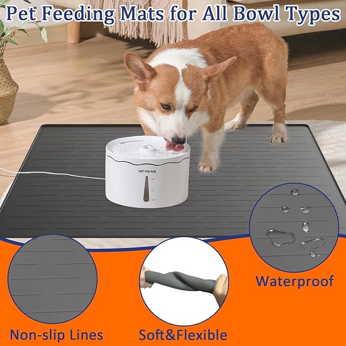 XXXXL Largest Pet Food Mat, 51.2"x25.6"(130cmx65cm) Silicone Dog Mats for Food and Water, Nonslip Pet Feeding Mats for Floors,Dog Cat Bowl Mat with Raised Edges, Light Gray