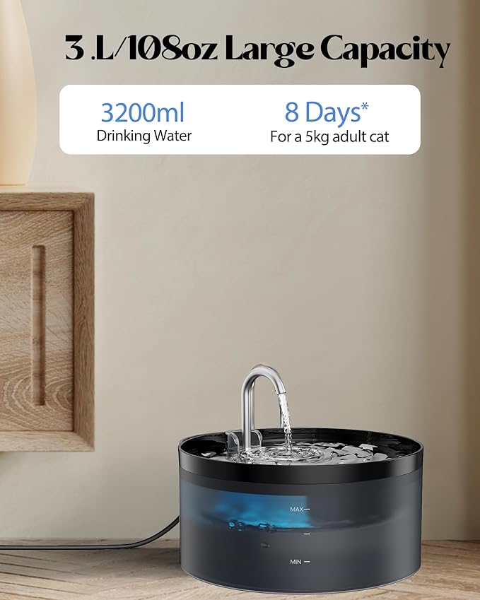 Cat Water Fountain for Cats Indoor: GIOTOHUN 108oz/3.2L Black Cat Drinking Founttain - Pet Fountains Contains 6 Filters + 3 Sponges