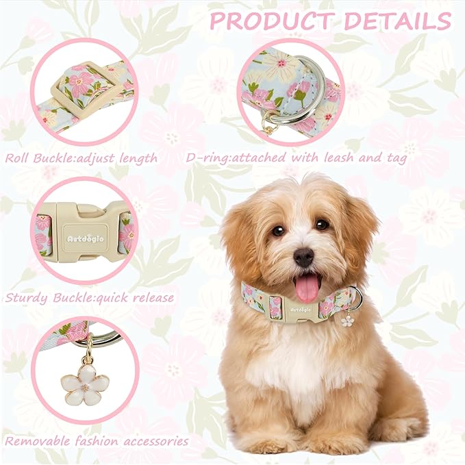 Dog Collar for Small Medium Large Dogs, Spring Blue Dog Collars with Pink & White Flowers, Adjustable Cotton Dog Collars, Cute Girl or Boy Dog Collar Ideal for Gifts,Pet Accessory,S