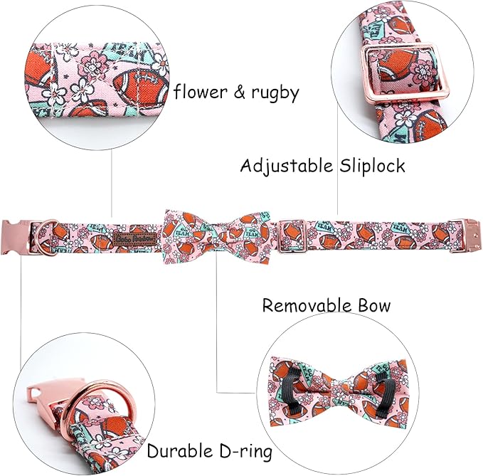 Dog Collar - Rugby with Flower Pet Collar Bows for Dogs Bowtie Pet Collar Adjustable Dog Collar Girl Boy Puppy Collar for X-Small Dogs