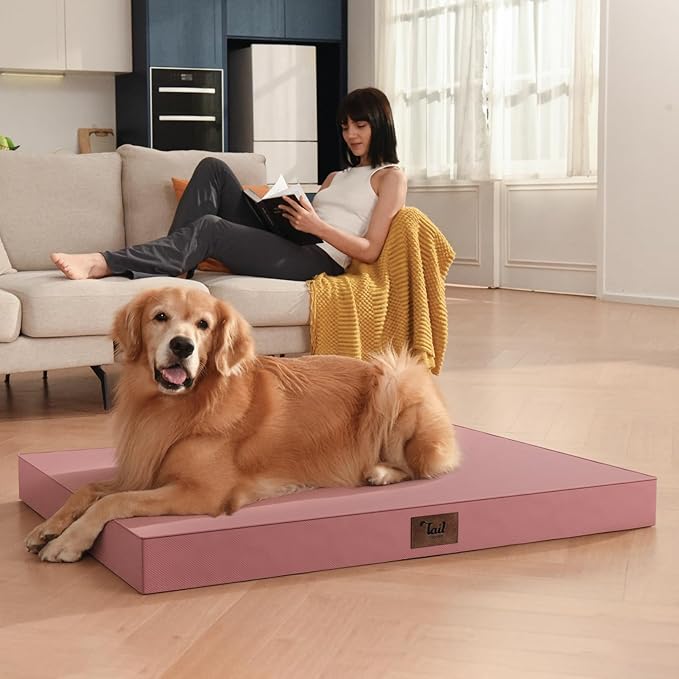 Outdoor Dog Bed for Medium Dogs, Waterproof Dog Crate Mat Orthopedic Egg Crate Foam Pet Bed with Washable Removable Oxford Cover, Pink