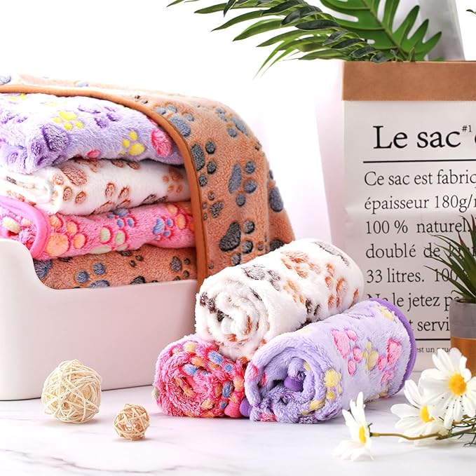 Tatuo 4 Pcs Dog Blanket for Pet Cat Blankets Indoor Puppy Teething Stuff Toys Paw Print Fleece Soft Blanket Sleep Mat for Guinea Pig Cage(White, Coffee, Pink, Purple,X-Large(41 x 30 Inch),Square)