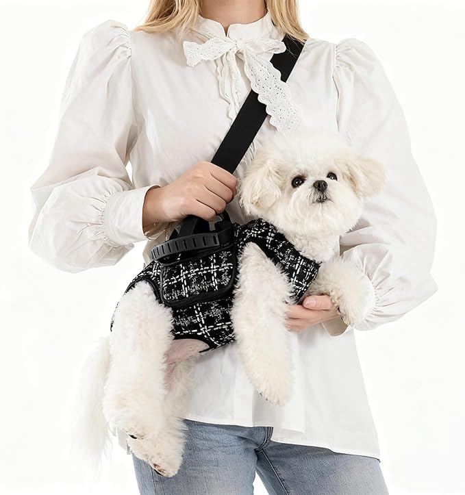Dog Lift Harness Dog Carrier Adjustable Breathable Vest Straps for Small Medium Pet Treat Bag Fashion Outdoor Hiking (Black M 14-19lb)