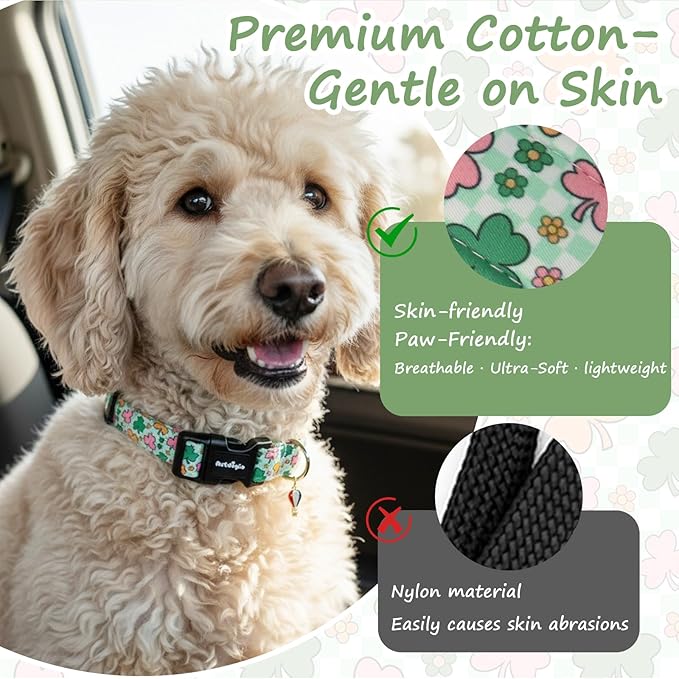 St. Patrick's Day Dog Collar,Puppy Collar with Lucky Shamrock Chequered Pattern,Adjustable Spring Cotton Collars Gifts for Small Medium Large Dogs,Dog Accessories XS