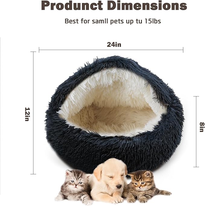 Cat Bed for Indoor Cats, Calming Cozy Cave with Self-Warming Plush, Entire Bed Machine Washable & Anti-Slip Base, Breathable Pet Bed for Small Cats&Dogs All Seasons (Dark Gray, 24*24inch)