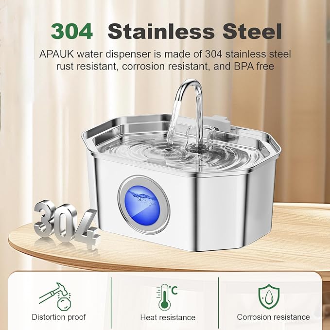 Cat Water Fountain Stainless Steel 108oz/3.2L, APAUK Automatic Pet Fountain Dog Water Dispenser with Water Level Window, Quiet Cat Fountain for Drinking, Inside with Replacement(1 Filter&1 Sponge)
