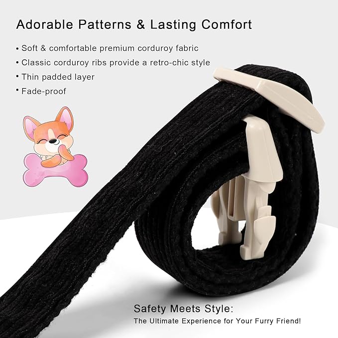 Cute Corduroy Dog Collar - Black Adjustable Dog Collars for Medium Dogs 25-50lbs, Fade-Proof with Secure Snap & Little Charm, Christmas Birthday Gift, M