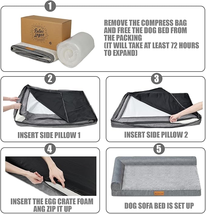 Patas Lague Orthopedic Dog Bed Large Sized Dog 36''X24'', Waterproof L Bolster Medium Pet Sofa Beds with Removable Washable Cover, Soft Comfortable Pet Couch Crate Mat with Nonskid Bottom, Purple