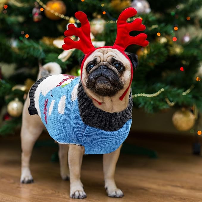 Pet Christmas Dog Sweaters Cute Animal Snowman Printed Puppy Xmas Costumes Winter Warm Turtleneck Jumpers Puppy Knitted Clothes Cat Outfits (M, Blue Snowman)