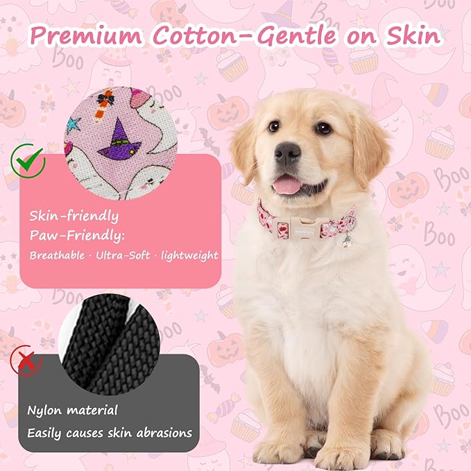 Halloween Dog Collar, Fall Dog Collars for Extra Small Dogs, Cute Pink Puppy Collar with Adorable Ghost & Pumpkin Design, Soft Cotton Extra Small Dog Collars Girl Boy Dog Collar-XS